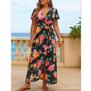 Floral Maxi Wrap Dress M Resort Vacation Boho Festival Date Night Wedding Guest